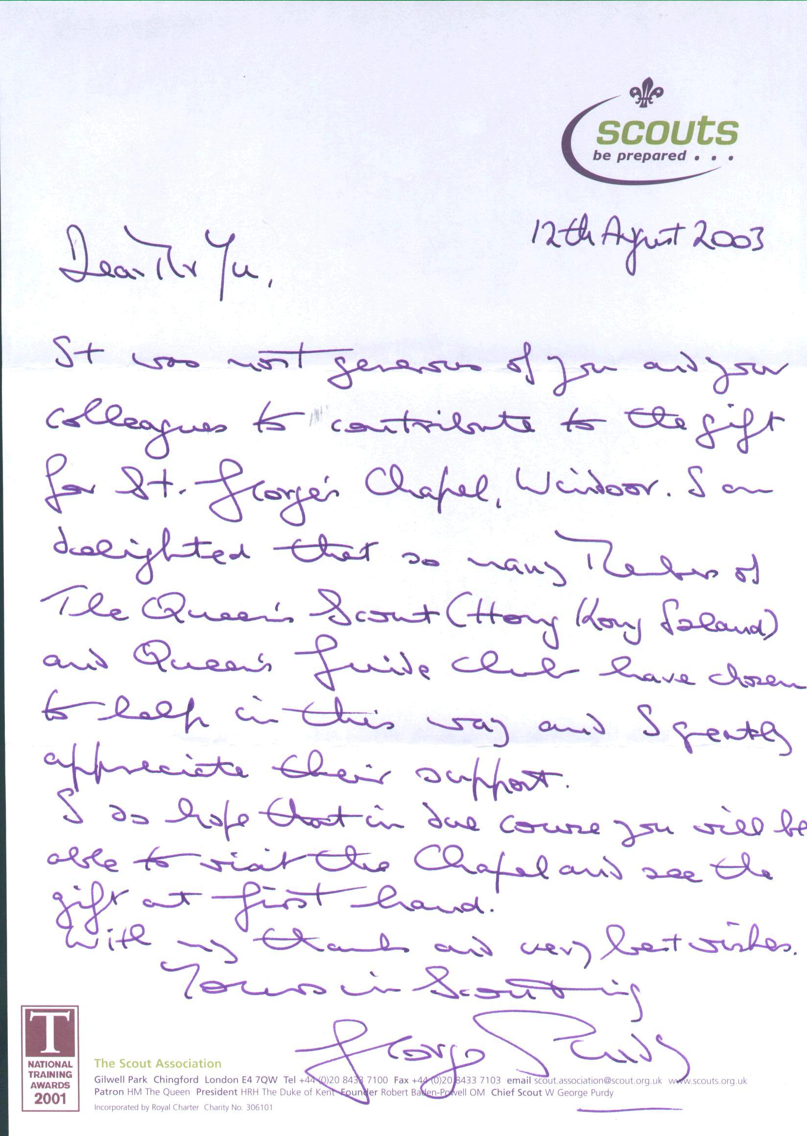英國童軍會總領袖Mr. George Purdy, CBE簽署的鳴謝信